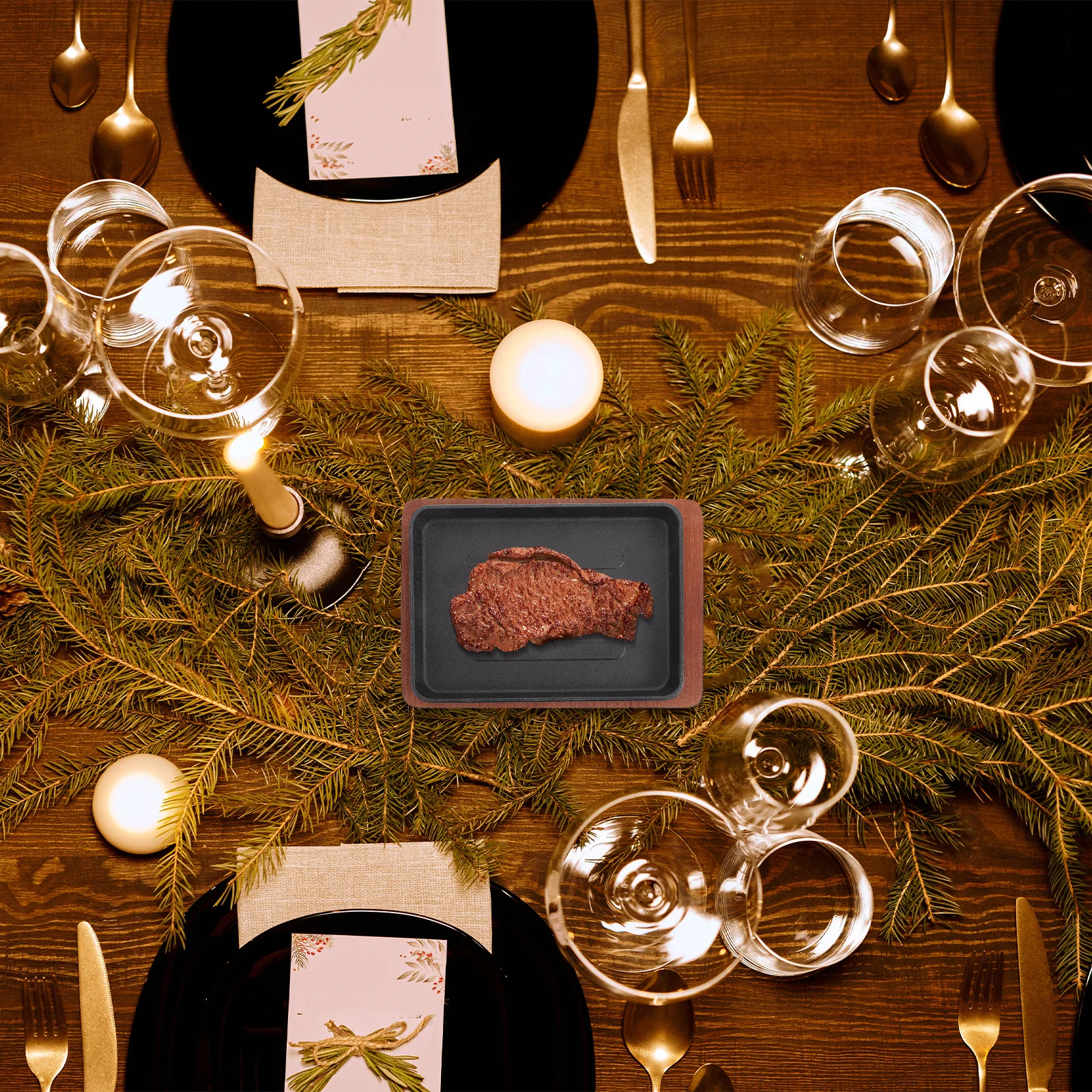 

1Set Iron Steak Plate Dual Handle Grilling Pan Nonstick Grill Plate Wooden Serving Tray Kitchen Steak Pan for Home Barbecue