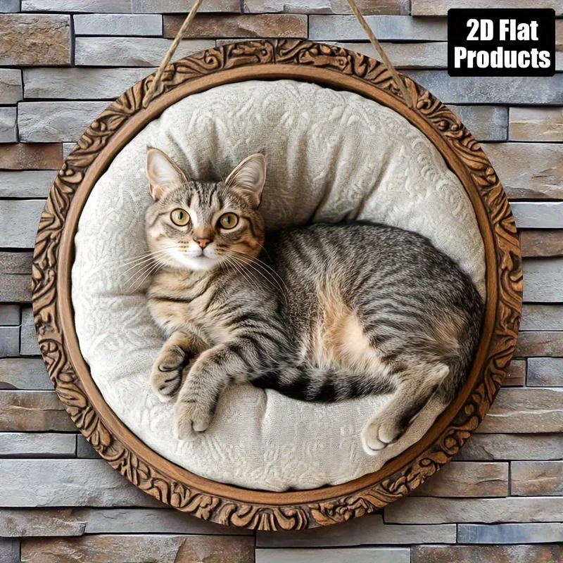 1pc2D flaches Freizeit-Katzen-Thema rundes Holzschild, für Café, Zuhause, Büro, Dekoration, kein Stromversorgung erforderlich – sjs