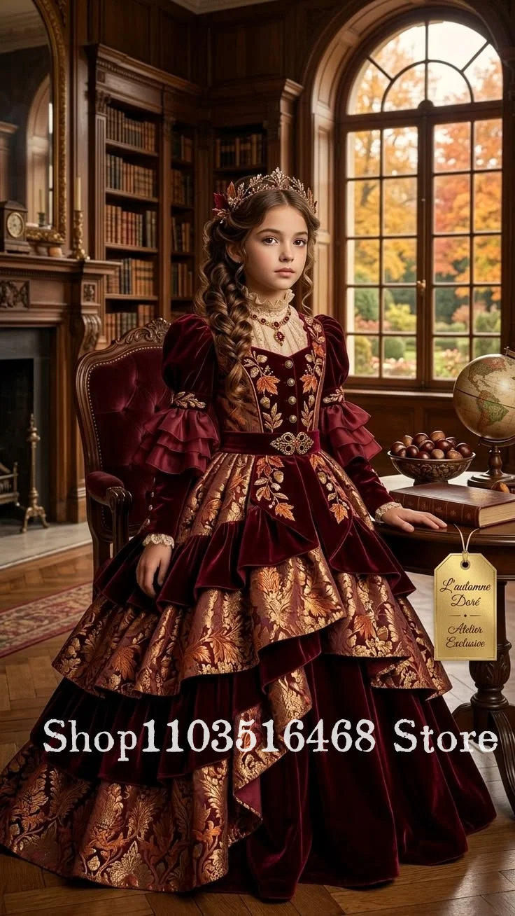 Burgundy Vintage Victorian Ball Gown Customized Children's Birthday Party Dress Velvet Lace-Printed Evening Gown Halloween Party