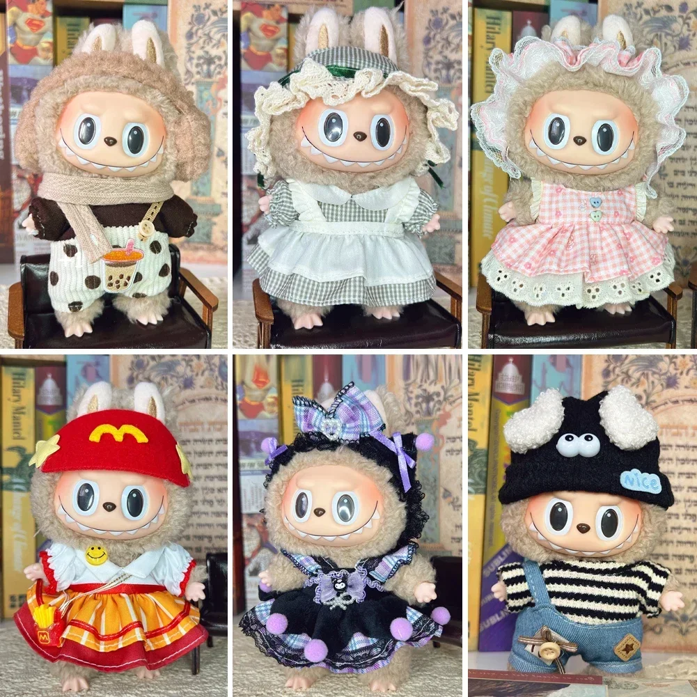 Leisure Style Work Jeans with Hat for 17cm Labubu Dolls Clothing Cute Mini Plush Doll's Clothes The Monster Outfit Accessories