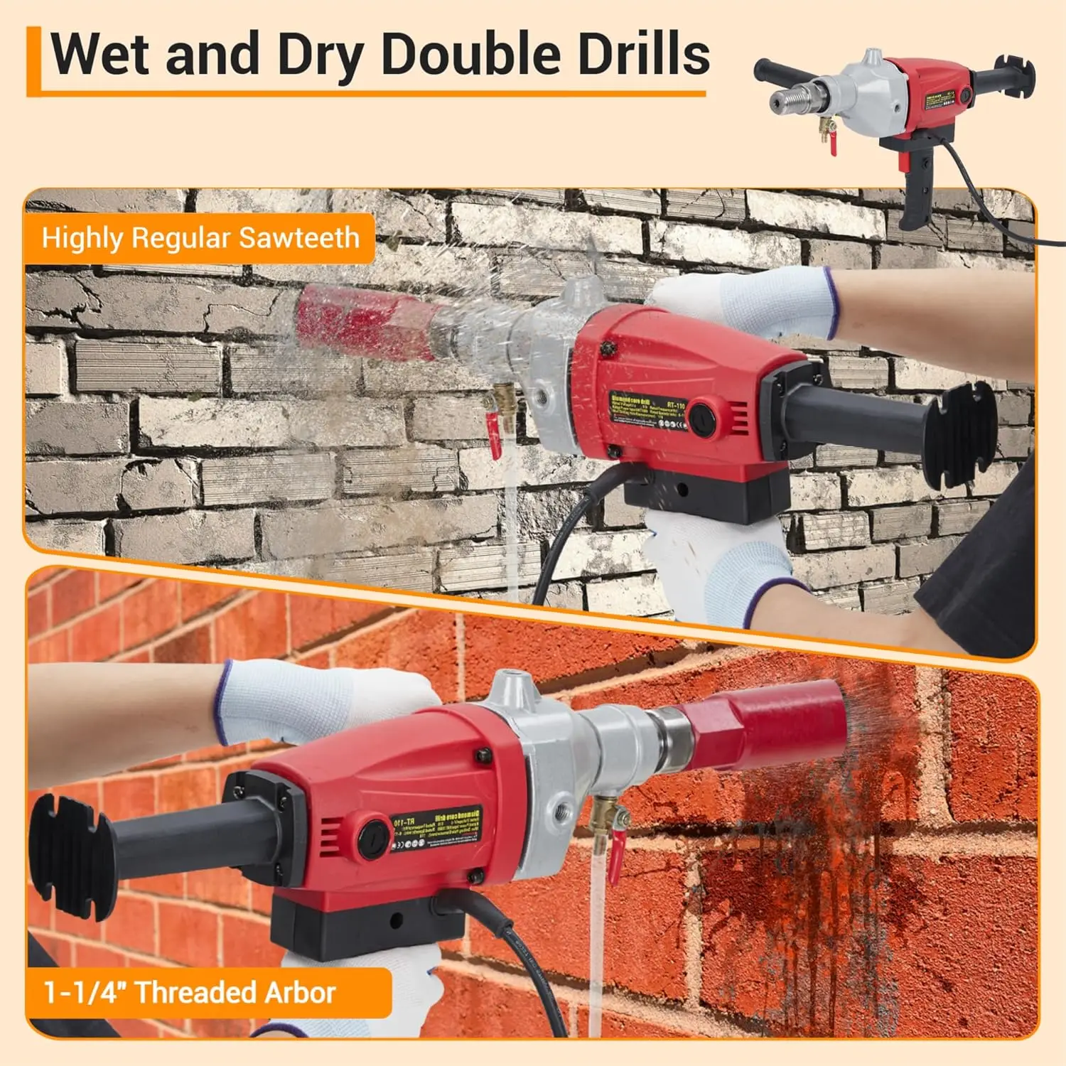 Perforadora de núcleo de diamante portátil de 1500W, funcionamiento seco y húmedo, 1880RPM, diámetro máximo de perforación de 4" para hormigón/ladrillo/piedra ﻿