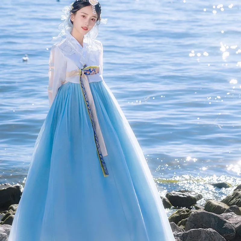 Hanbok-vestido tradicional de gasa azul para mujer, traje de corte coreano para boda, Kimono, ropa de las islas de Asia y el Pacífico, 2023