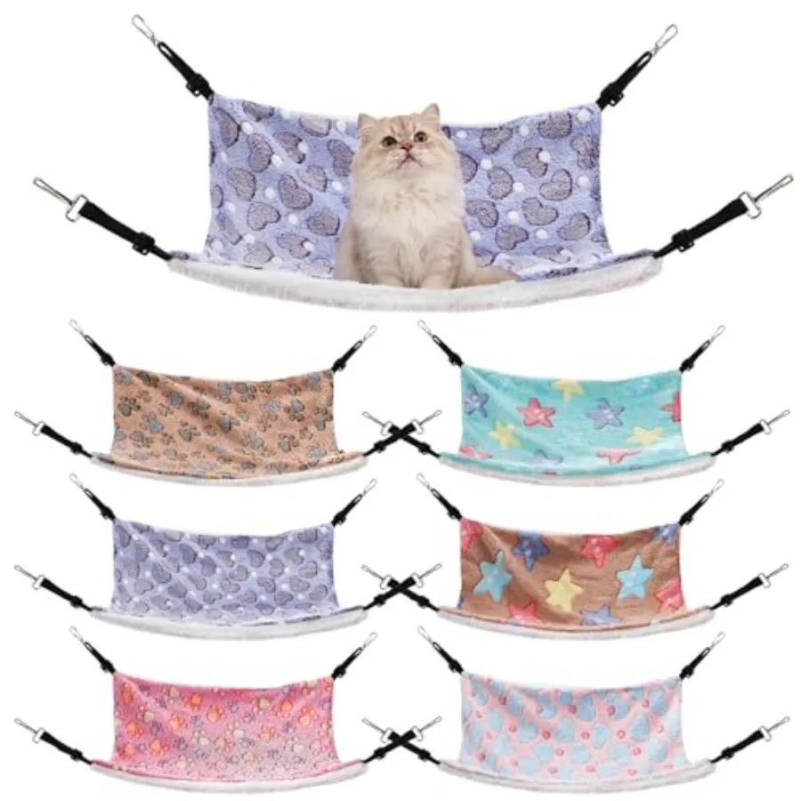 

6 Pieces Cat Hammock for Cage, Reversible Soft Pet Hanging Bed with Adjustable Strap, Double Sided Small Animal Sleeping Hammoc