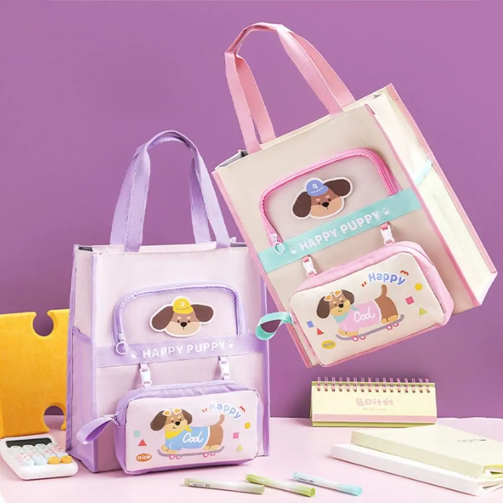 Cartoon Tote School Bag Kawaii Detachable Pencil Bag Multi-layer File Organizer with Handle Oxford Cloth Book Storage Bag