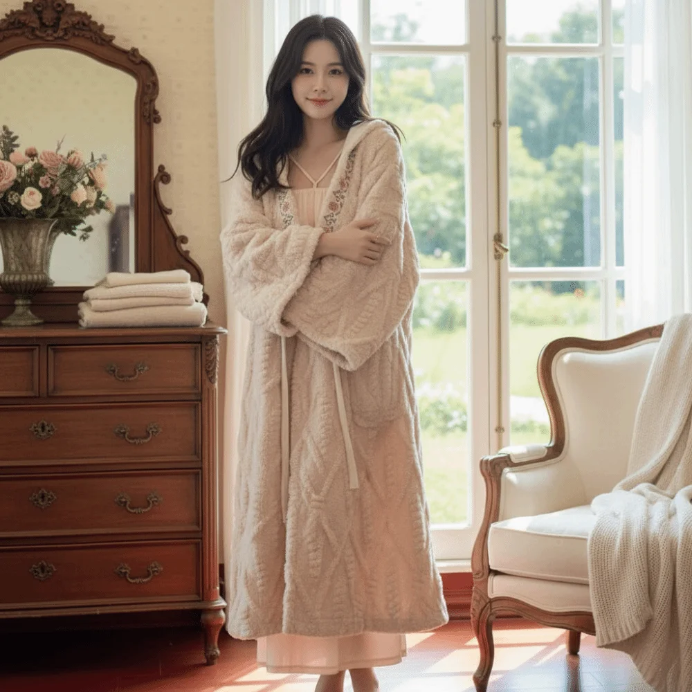 

Loose Flower Coral Fleece Sleepwear Plush Winter Pajamas Robe Women Home Wear Thick Warm Cloak Hooded Nightgown Nightwear
