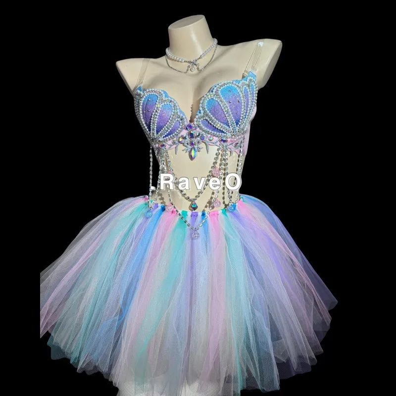 

Sexy Stage Beading Shell Bikini Gauze Skirt Dance Outfit Women DJ Dancer Team Nightclub Party Festival Clothing Gogo Costume