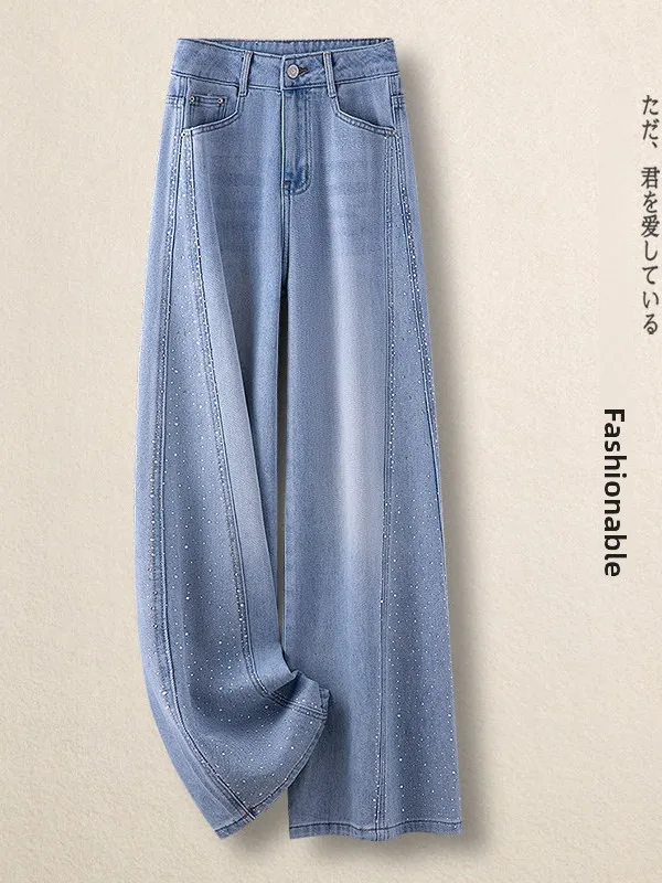 

Light Blue Rhinestone Wide Leg Jeans Women's High Waist Slimming Loose Floor-Length Straight Cut Trousers Spring Autumn New A...