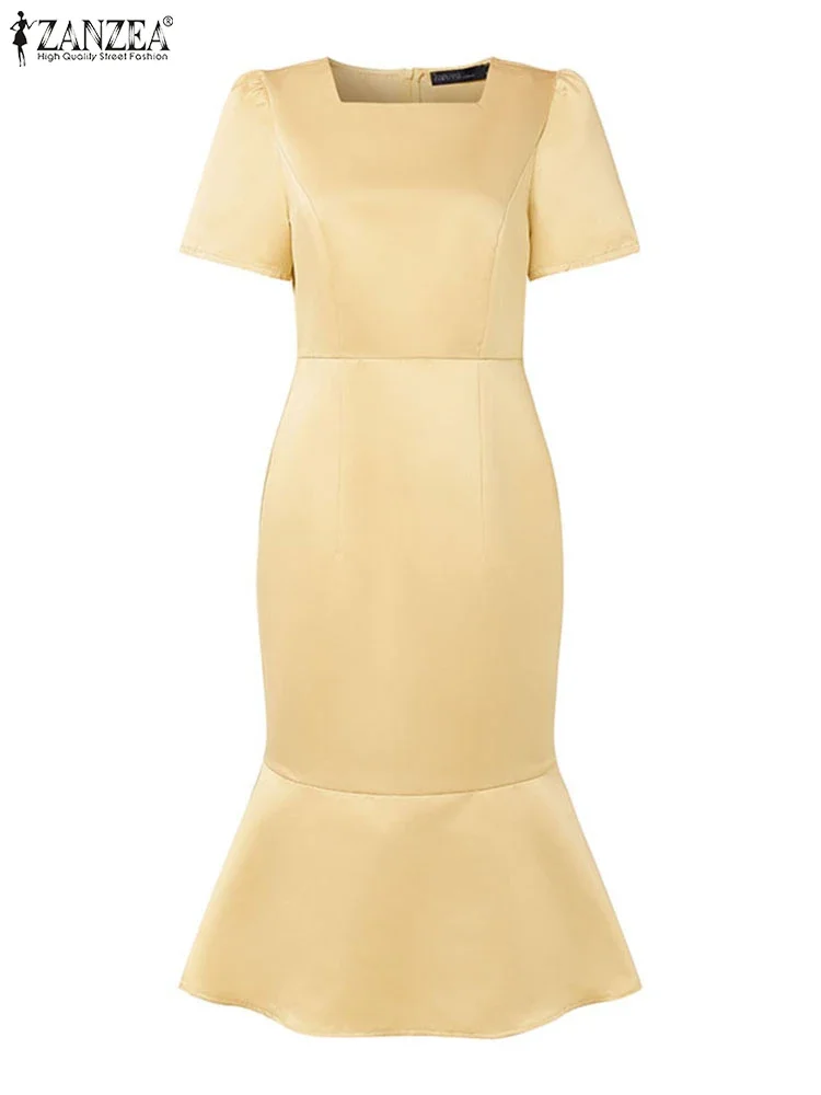 ZANZEA 우아한 Fishtail 드레스 여성 여름 스퀘어 칼라 새틴 Vestidos 2025 패션 짧은 소매 솔리드 이브닝 파티 Sundress