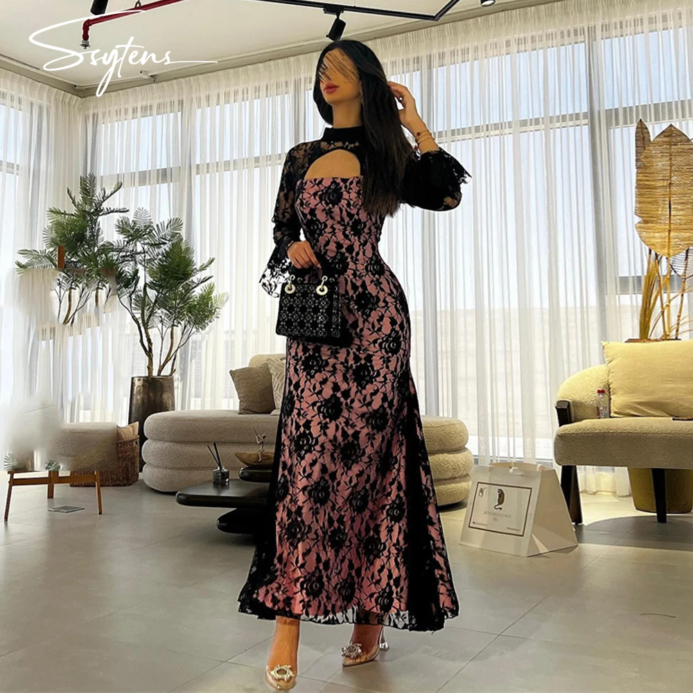 

SSYTENS Black Lace Party Dresses Pink Saudi Prom Dress 2025 Mermaid Long Sleeves Formal Event Evening Gowns فساتين عيد نسائيه