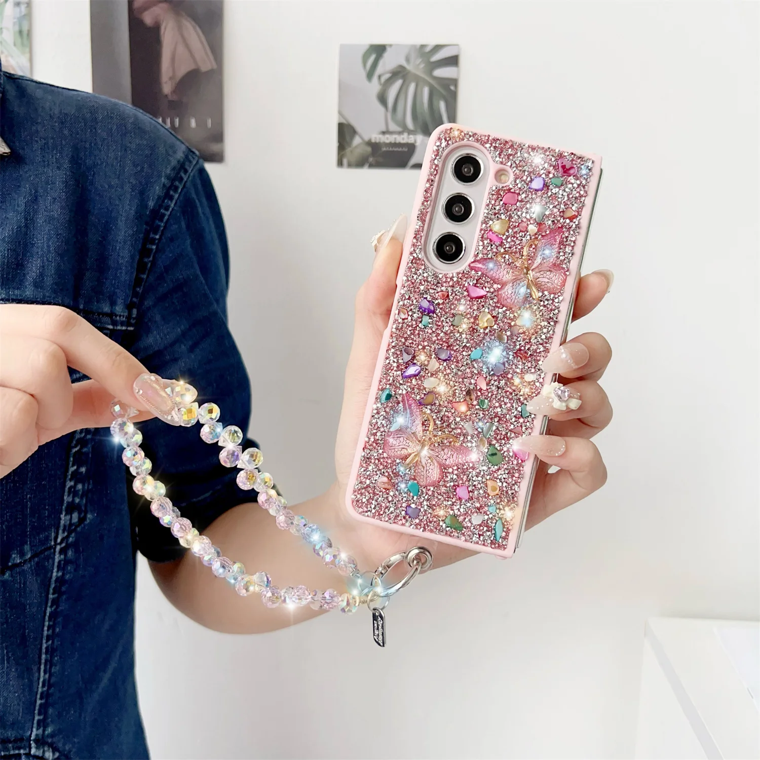 

Bling Full Diamond Glitter Case For Samsung Galaxy Z Fold 6 5 4 3 Fold5 3D Colorful Gem Butterfly Shockproof Armor Cover Strap