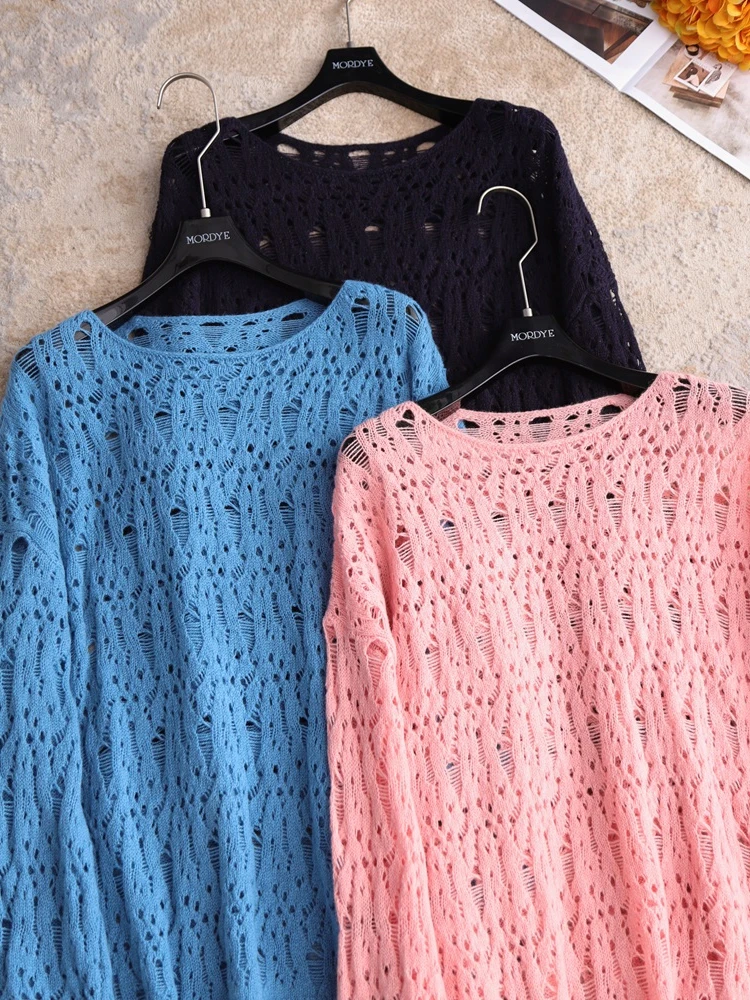 

00% Wool Knitted Hollow out Loose Sweater Outerwear Ladylike Commute Sle Straight Cut Long Sve round Ne Knitwear