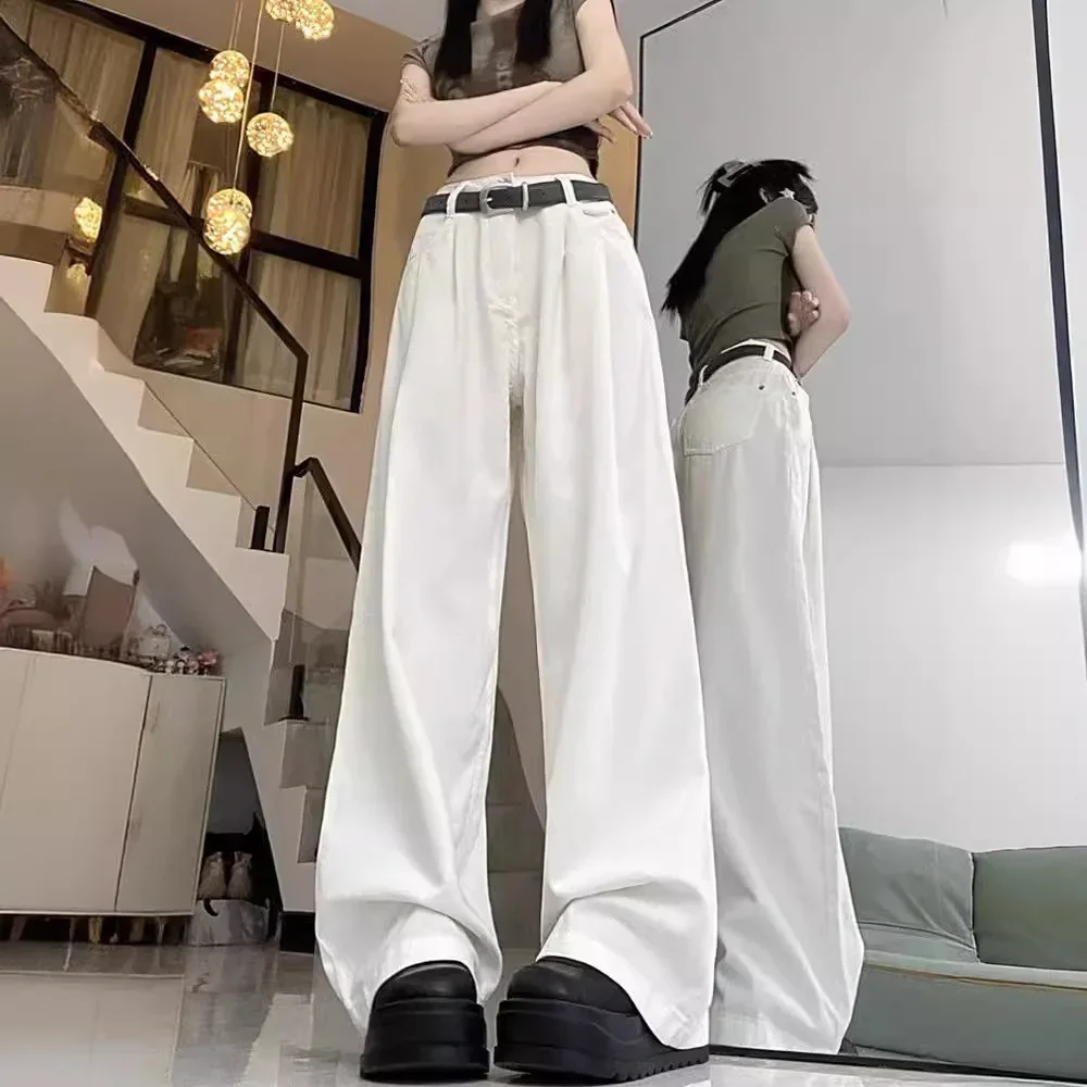 

PopPopAmerican High Street White Jeans Women's Summer New High Waist Loose Wide Leg Slimming Straight Tube Floor-Length Pants