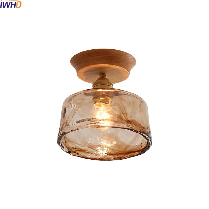 IWHD Amber Glass LED Ceiling Lights Decoration Home Lighting Porch Kitchen Restaurant Modern Ceiling Lamp Wood Copper Lustre