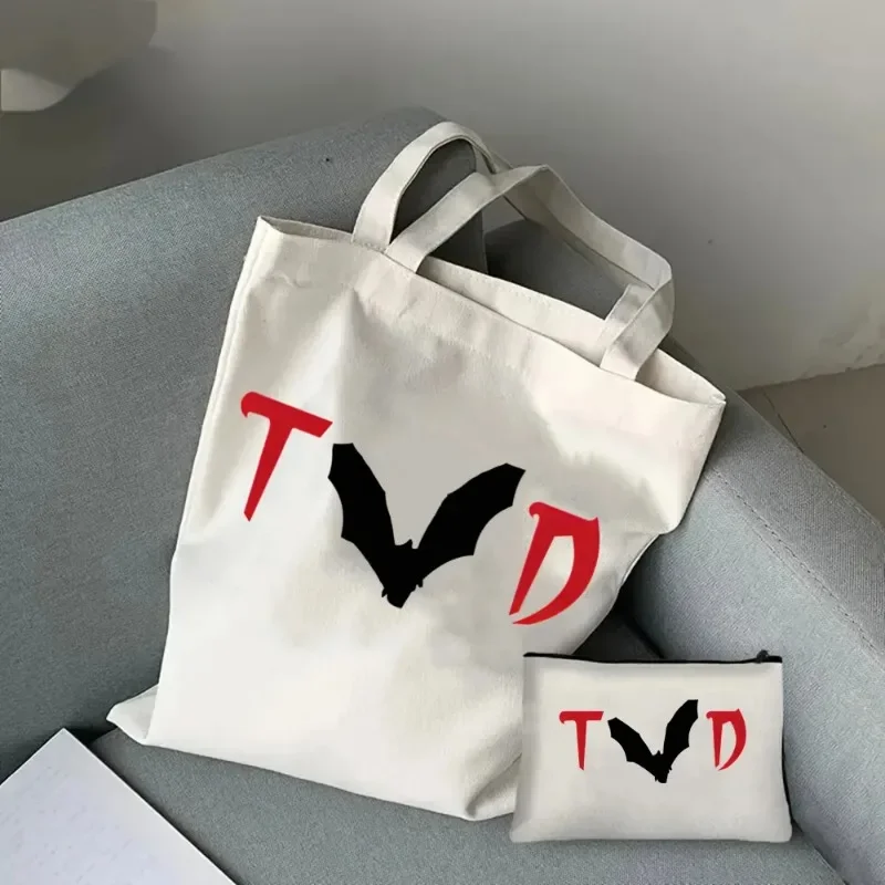 2Pcs Horror Vampire Diaries Ladie Handbag borsa cosmetica borsa a tracolla Casual moda in tela Eco borsa per la spesa da viaggio di grande capacità