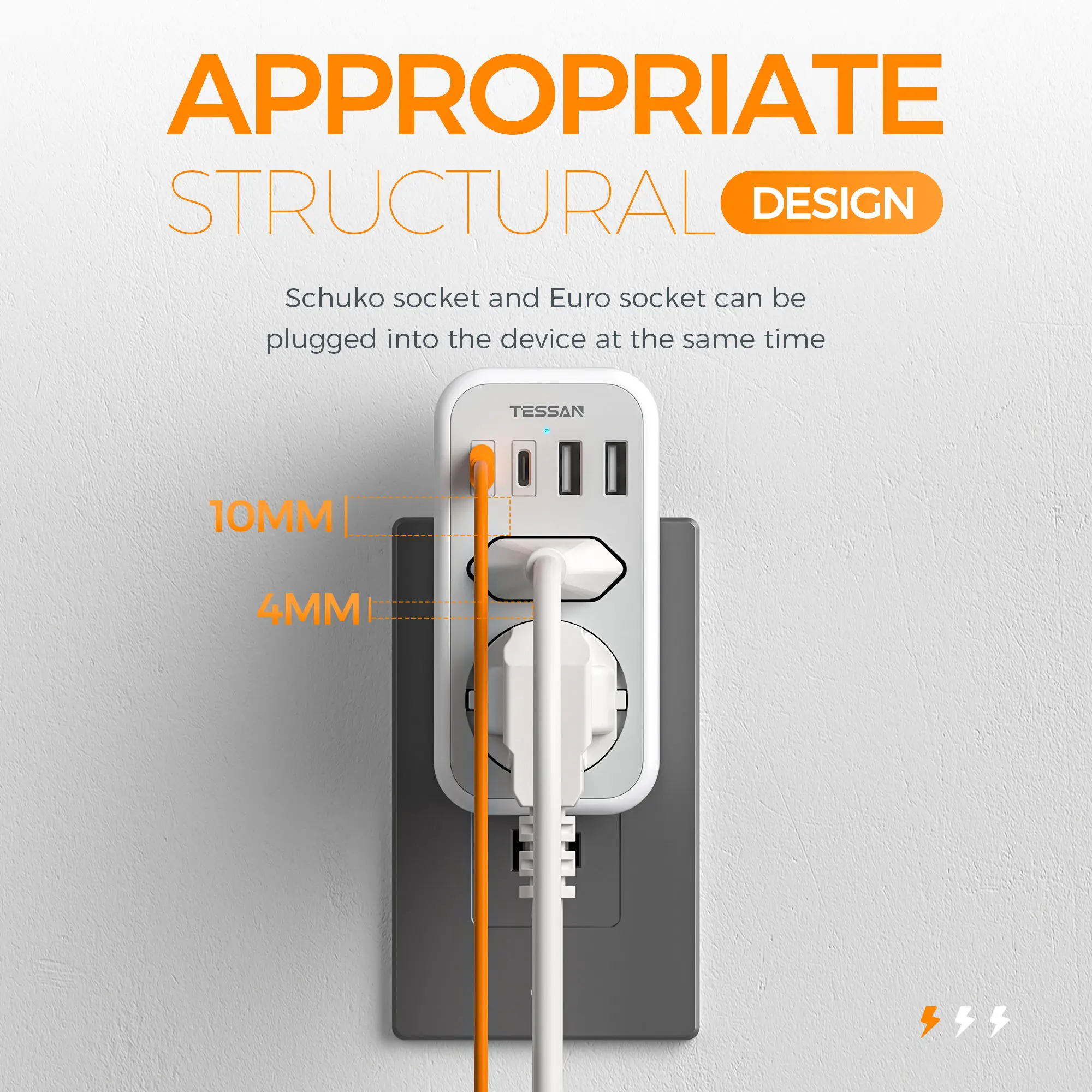TESSAN USB Travel Wall Socket EU To US Travel Adapter with 2 AC Outlet 3 USB Ports Multiple Wall Plug Adapter for EU ES FR KR PL