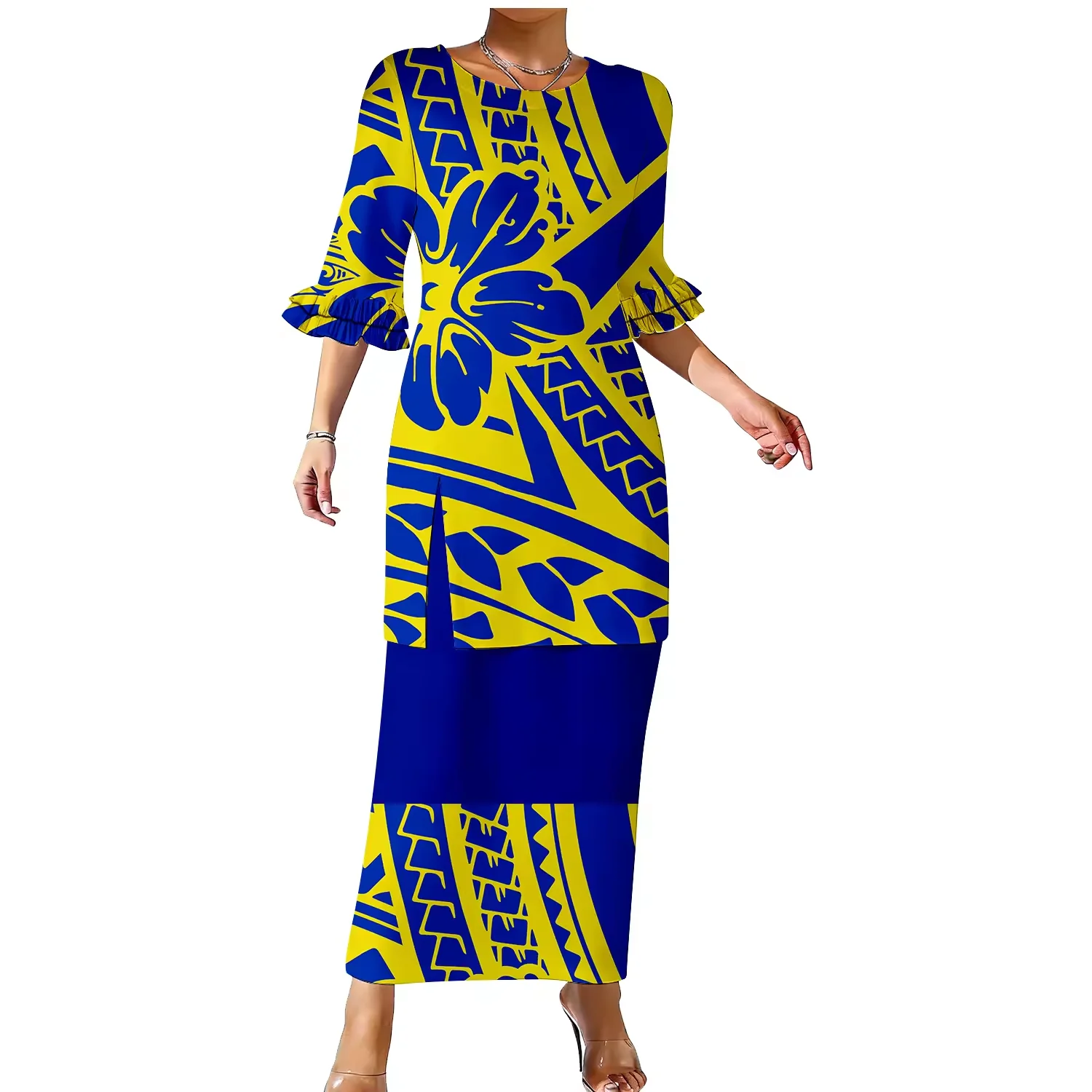 

Новинка 2026 года: Женский комплект из двух предметов – топ и юбка с двойными рюшами на рукавах, на заказ, больших размеров, с разрезом, в стиле Самоан Пулетаси