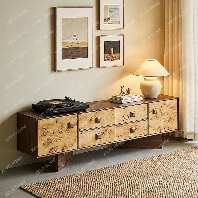 XX Mid-Century Modern Solid Wood TV Cabinet with Burl Veneer Storage for Living Room Small Apartment