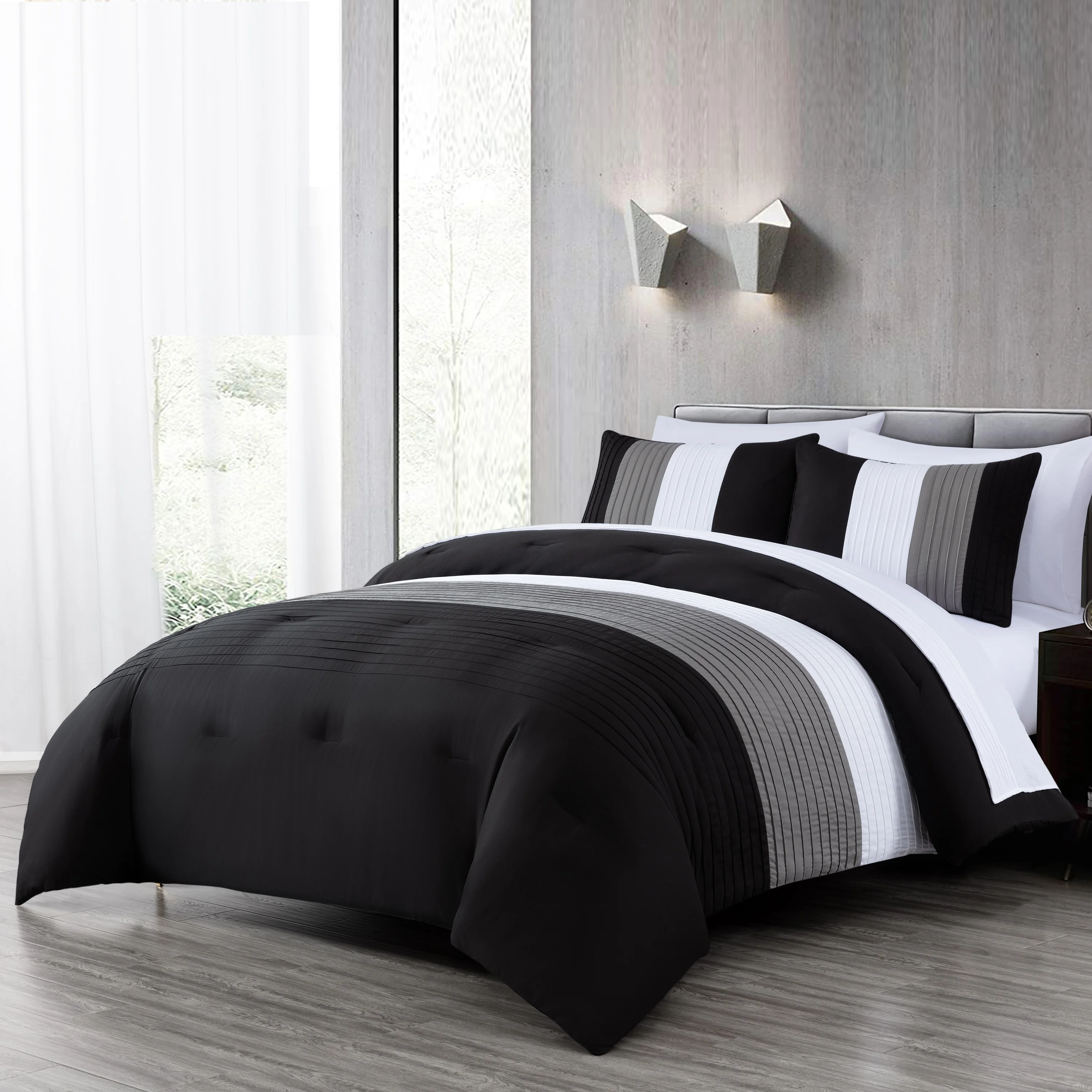 

Briar 7-Piece Pleated Stripe Bed in a Bag Comforter Set with Sheets & Shams, Soft Lightweight Microfiber Bedding for All Season