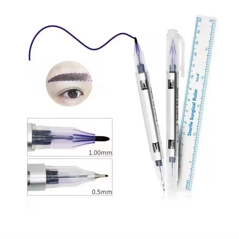 Tattoo Skin Marker Pen Tool Accessories Surgical Skin Marker for Eyebrow 0.5mm/1mm Fixed Point Pen with Ruler Set Tools