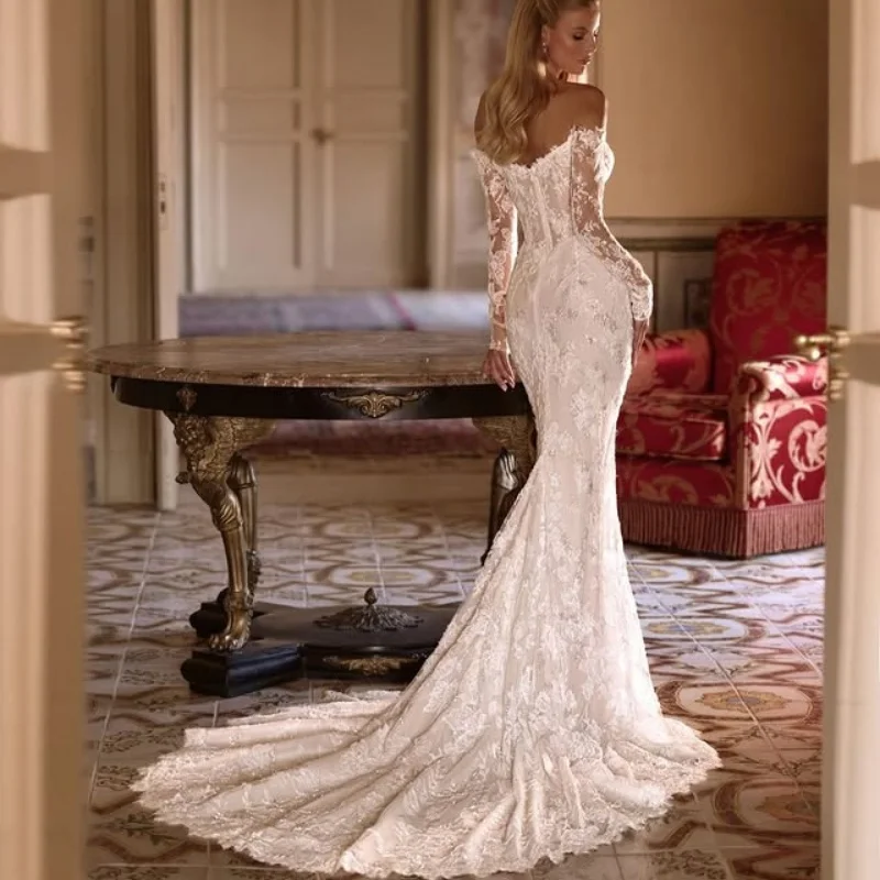 تخصيص لامعة بسيطة العاج الأبيض الكرة ثوب فساتين الزفاف الملكي الحبيب الخرز الدانتيل ذيل السمكة عارية الذراعين صنع رداء دي