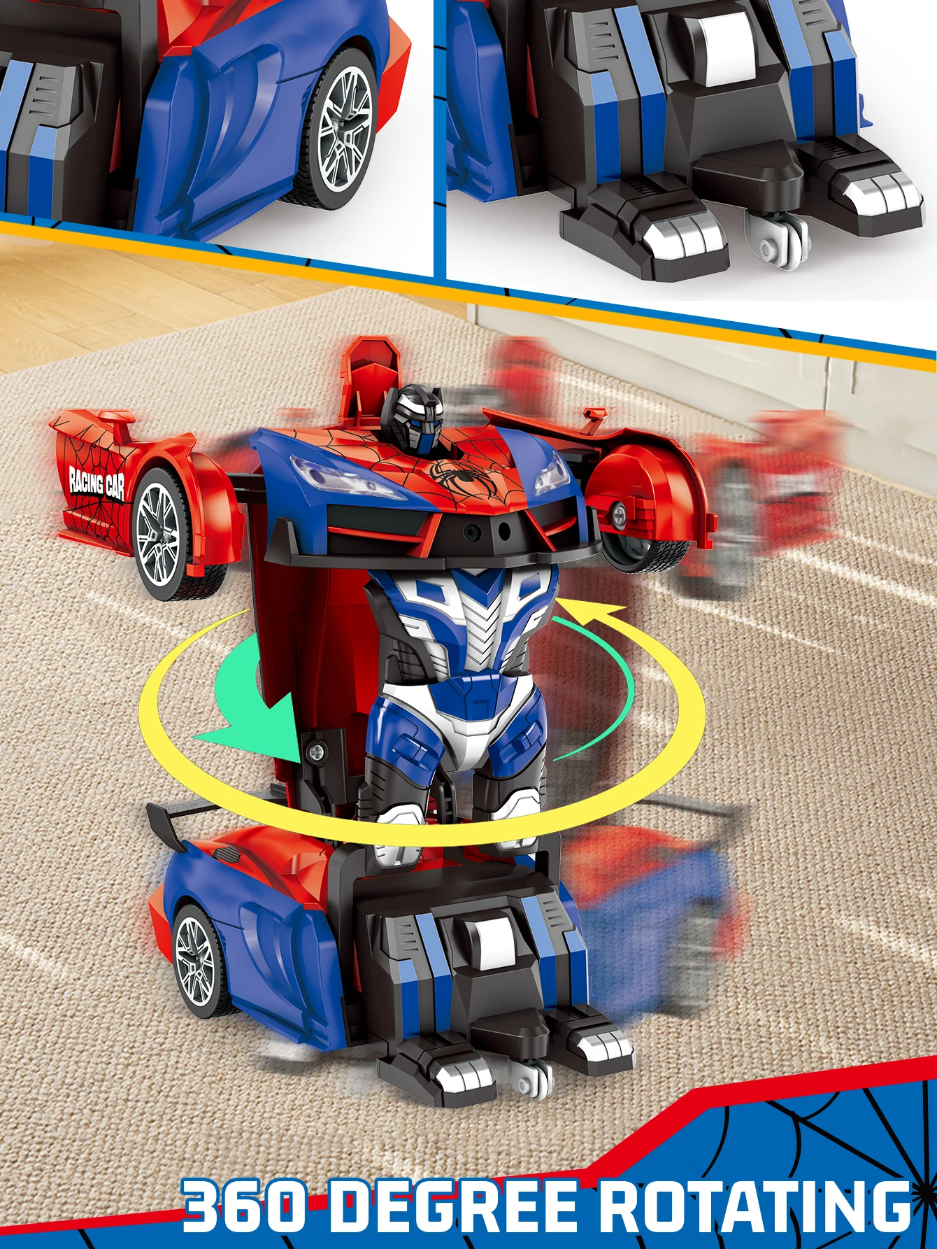 Rc transforming robot car, remote-controlled racing car with a spider design, one-touch transformation, gift for boys