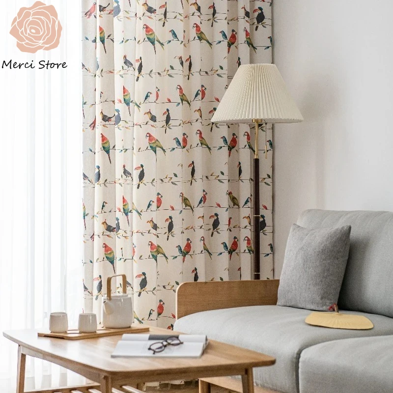 

American Rural Retro Style Pastoral Flower Bird Parrot Curtains for Living Room Bedroom Semi Sheer Window Drapes Thermal
