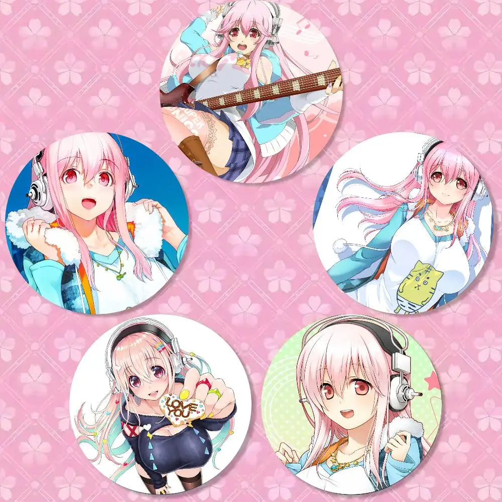 Manga Singer Super S-Sonico Round Badge Lapel Pins For Backpacks Briefcase Laser Brooch Clothes Gifts