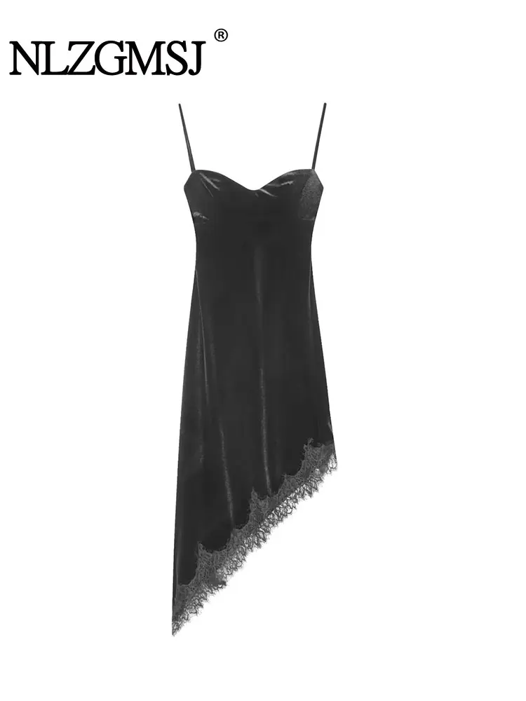 Nlzgmsj 2023 Herbst Vintage Schwarz Samt Spitze Splice Frauen Kleid Sexy Ärmellose Backless Weibliche Abend Party Kleider