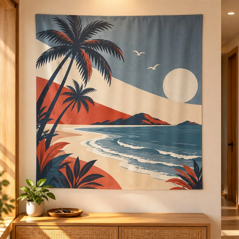 VIKAMA Coconut Island Beach Tapestry Wall Hanging, HD Print Wall Art, Coastal Tropical Decor for Bedroom Bathroom Living Room