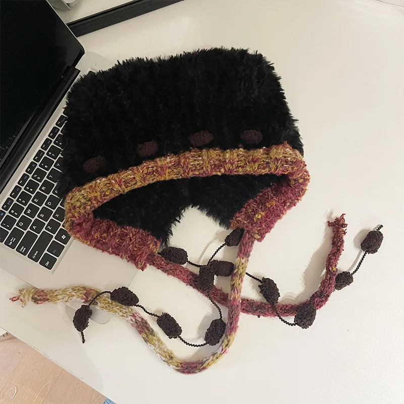 

Bear Ears Shape Plush Knitted Hat Winter Warm Ear Protection Bonnet Caps Thick Windproof Cold-proof Hats Outdoor Cycling Fishing