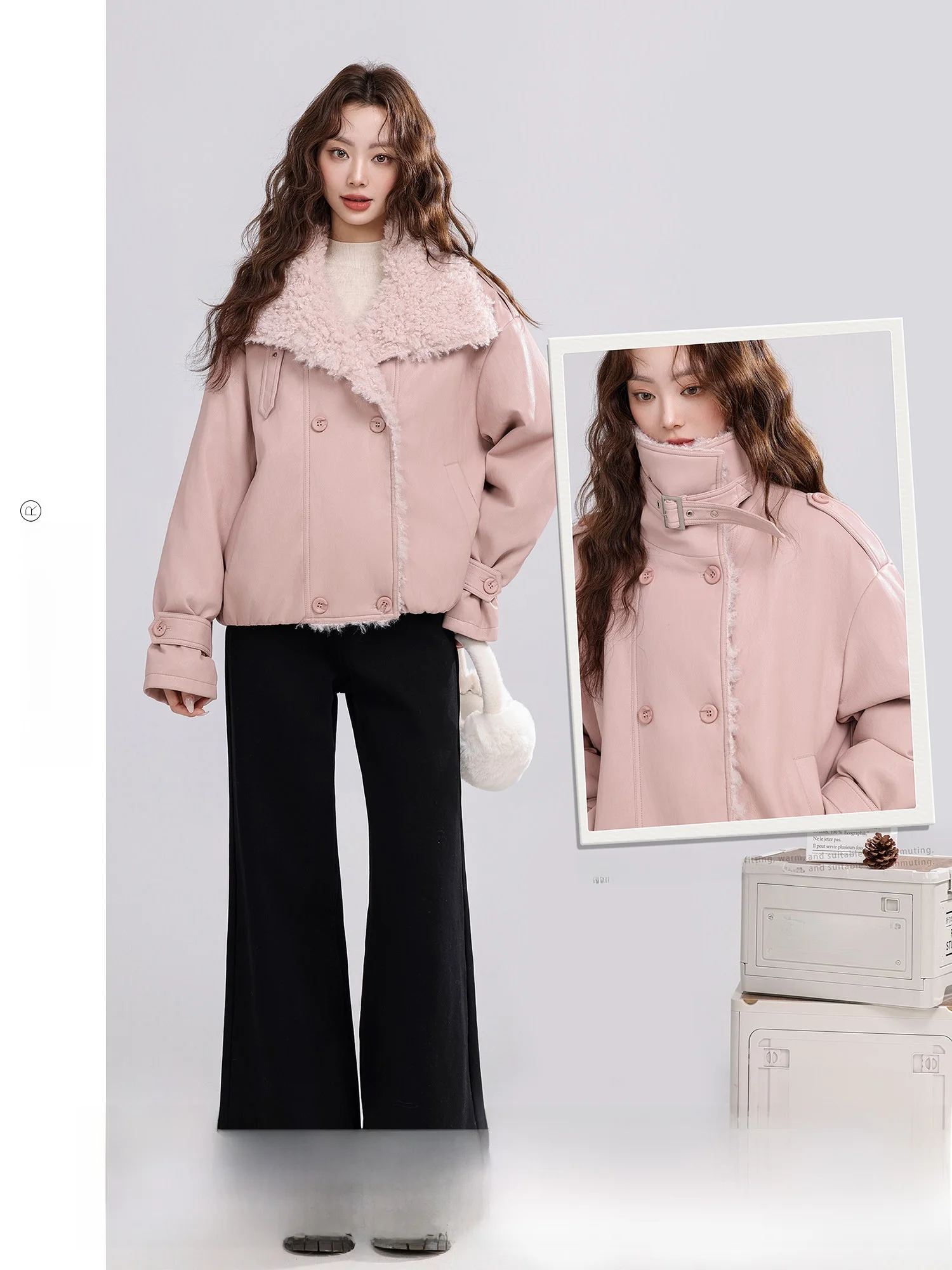 

Winter New Vintage Pink High Collar Lamb Fur PU Leather down Jaet Women's Warm Thiened Long Sve Regular Fit Color