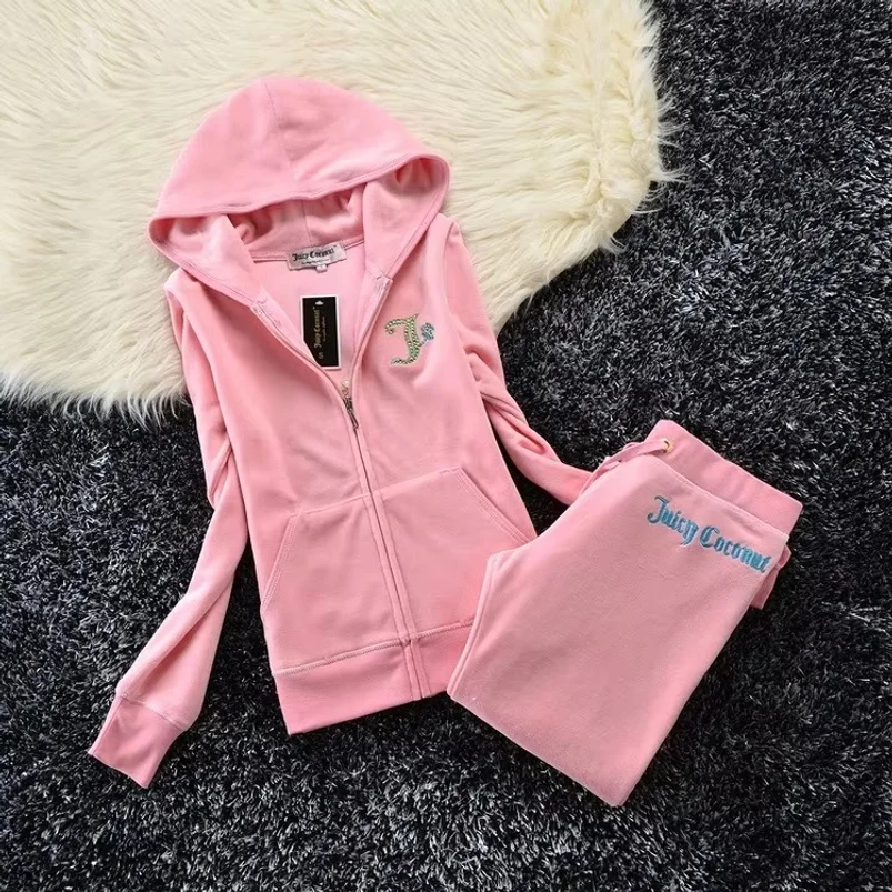 7153-velvet-two-piece-hooded-casual-fashion-thin-hoodie-women's-slim-fit-gold-wire-sports-suit-straight-leg-pants