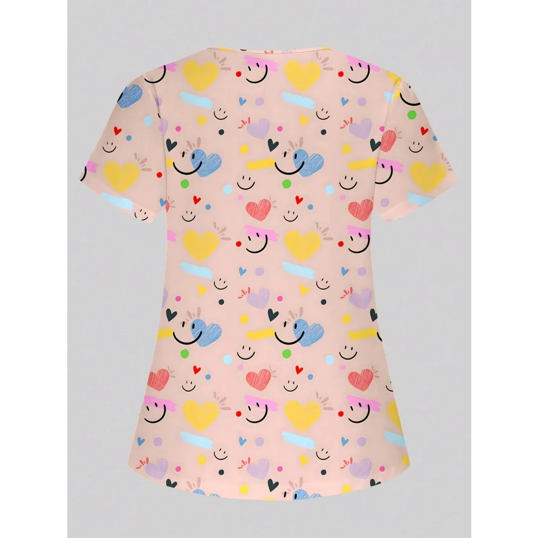 Rosa com decote em v manga curta bolso duplo fenda lateral adorável dos desenhos animados coração rosto impressão enfermeira médico trabalho uniforme roupas de manga curta