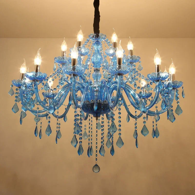 ELZRA European Crystal Pendent Lamp Blue Candle Lamp Luxury Art Living Room Restaurant BedroomVilla Hotel KTV Chandelier