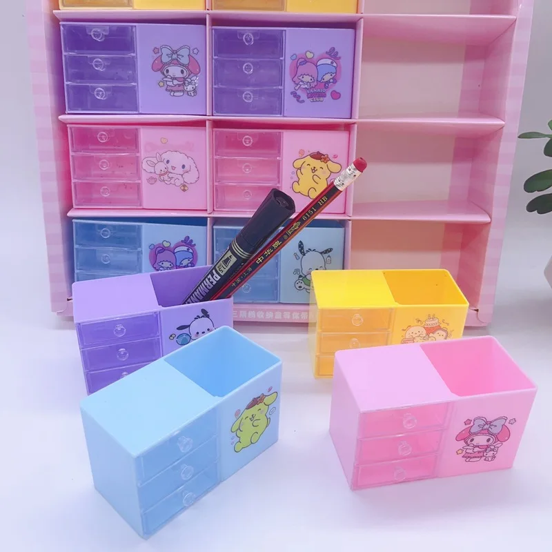 Imagem -02 - Sanrio Três Camadas Caixa de Armazenamento Pen Holder Kuromi Melody Estudante Gaveta Organizador Bonito Pequeno Caixa de Jóias Anime Presente 12 Pcs