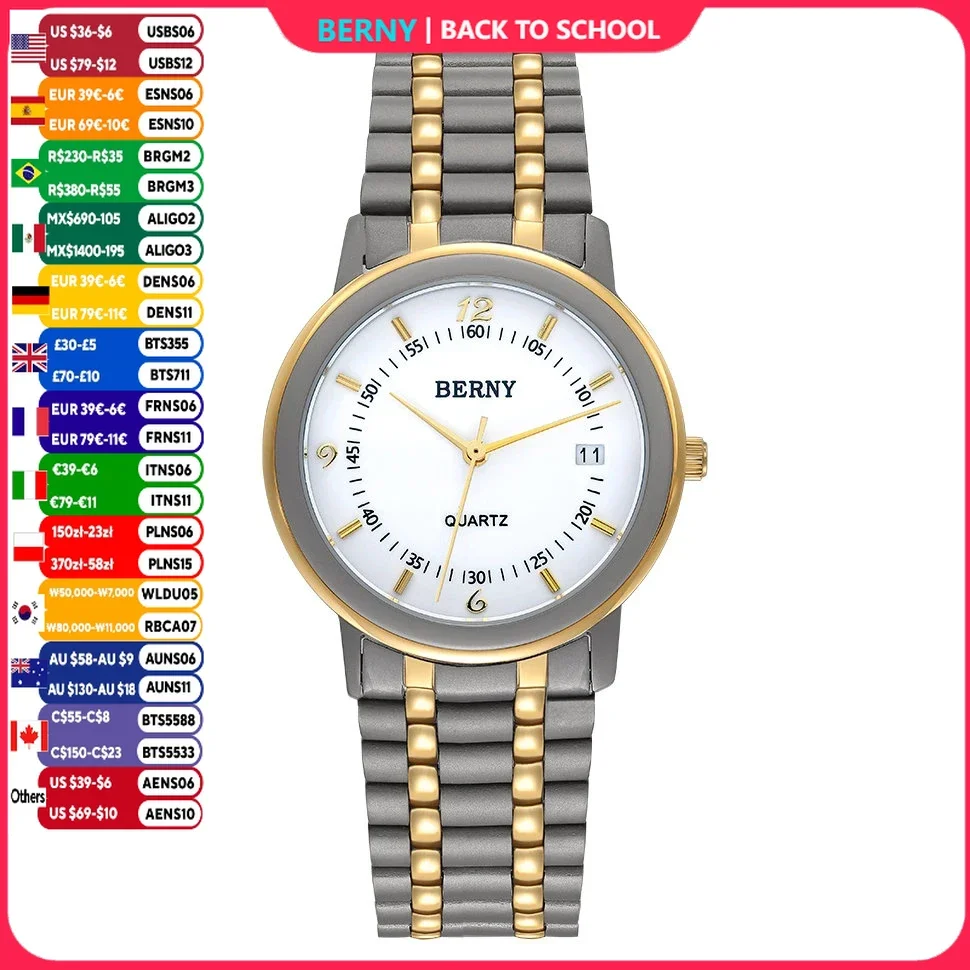 BERNY Titan-Herrenuhr, schlank, leicht, 34 mm, Quarz-Armbanduhr, goldfarben, kleines Zifferblatt, Freizeituhren, Herrenuhr, wasserdicht