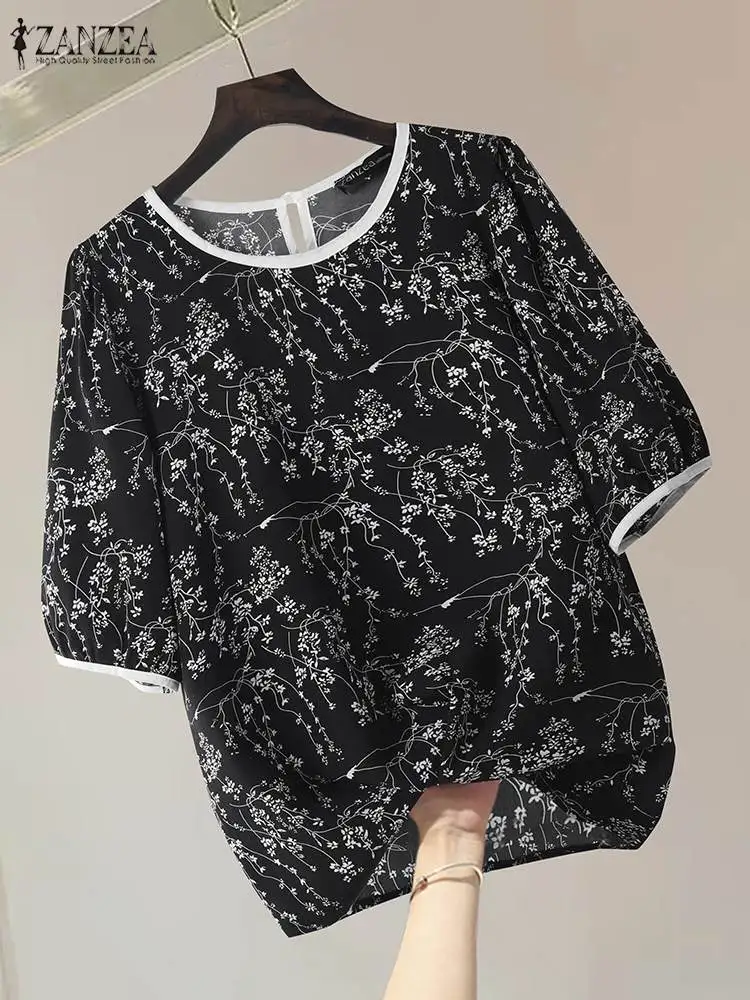 ZANZEA-Blusa con estampado Floral bohemio para mujer, camisa de manga corta a la moda, Blusas informales holgadas para vacaciones, Tops Vintage de retazos