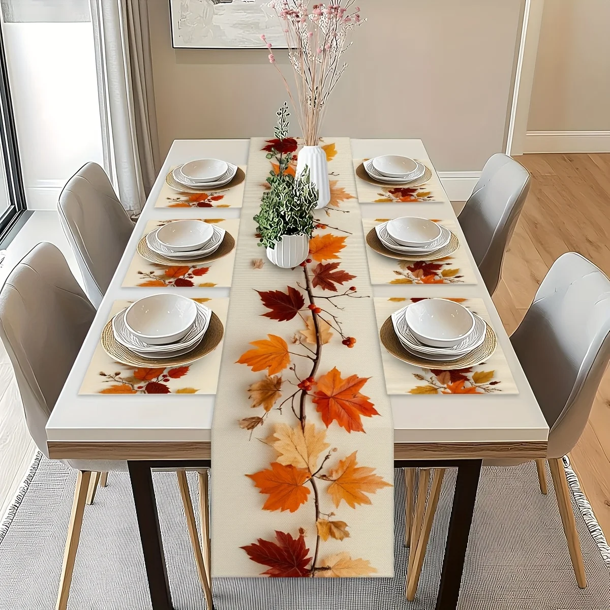 Fall Maple Leaf Table Runner Autumn Harvest Berry Leaves Table Decor Runner for Thanksgiving Halloween Dinner Party Kitchen