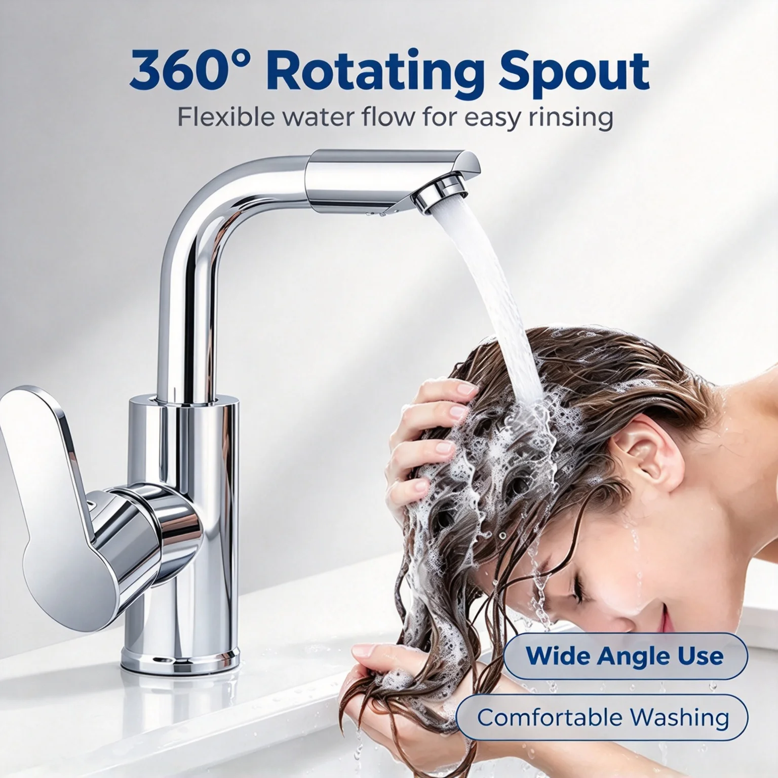 Chrome Basin Mixer Tap 360° Rotatable Spout with 2 Hot Cold Supply Hoses Hot & Cold Faucet for Home & Hotel Bathroom