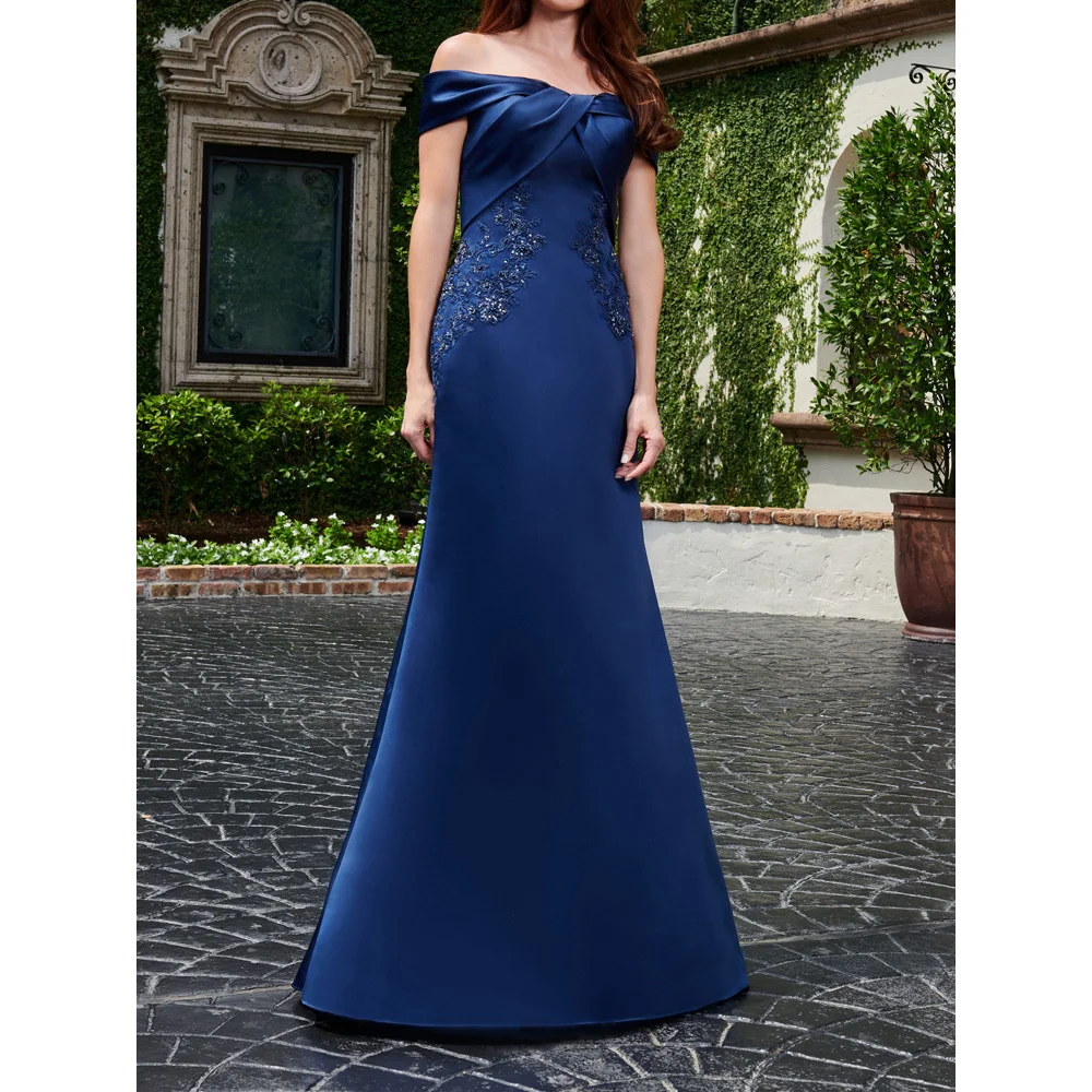 Satin Mother of the Bride Dress Fitted Aline Formal Occasion Dresses with Off the Shoulder Neckline