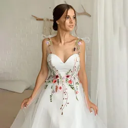 Floral Embroidered Wedding Dress Colorful Sweetheart Backless Bridal Gown for Wedding Lace Up Fairy Bohemian Wedding Party Gown