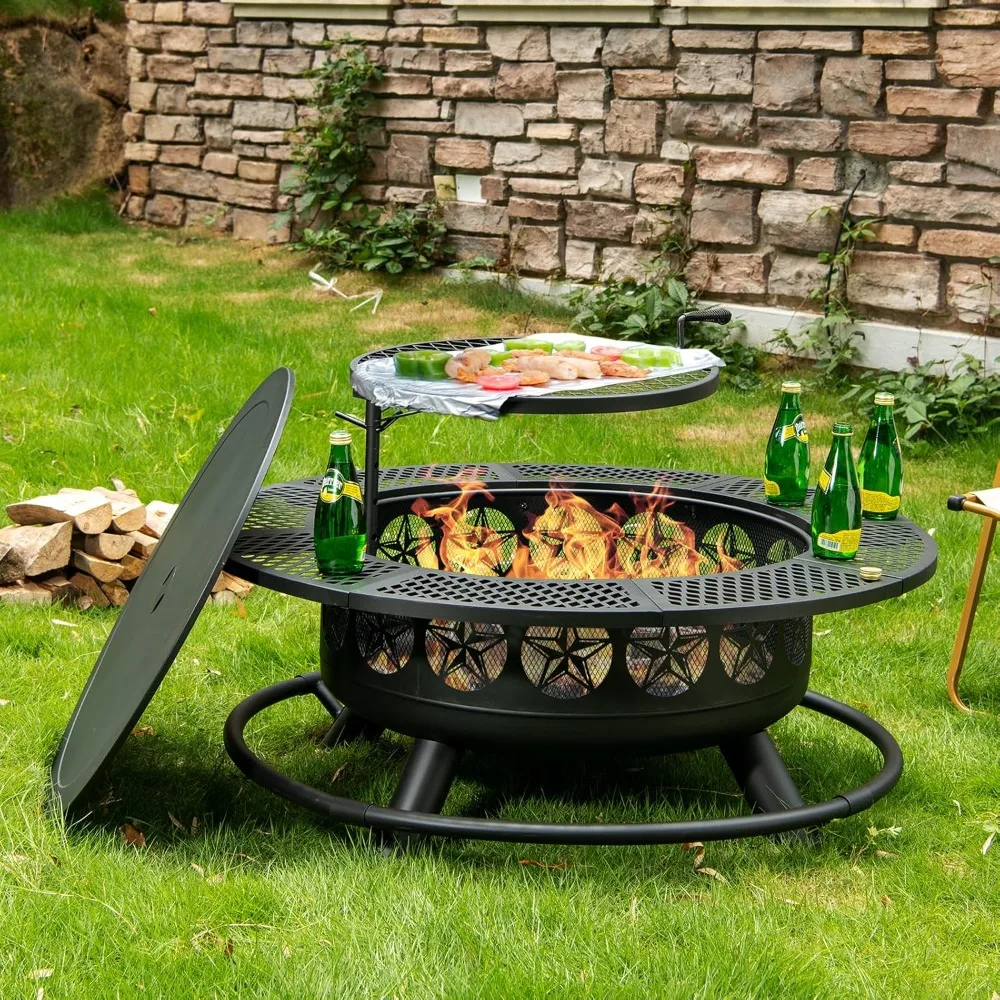 42 Inch BBQ Fire Pit with Grill, Large Outdoor Wooding Burning Fire Pit for Camping,Picnic,Bonfire,3-in-1 Round Metal Table