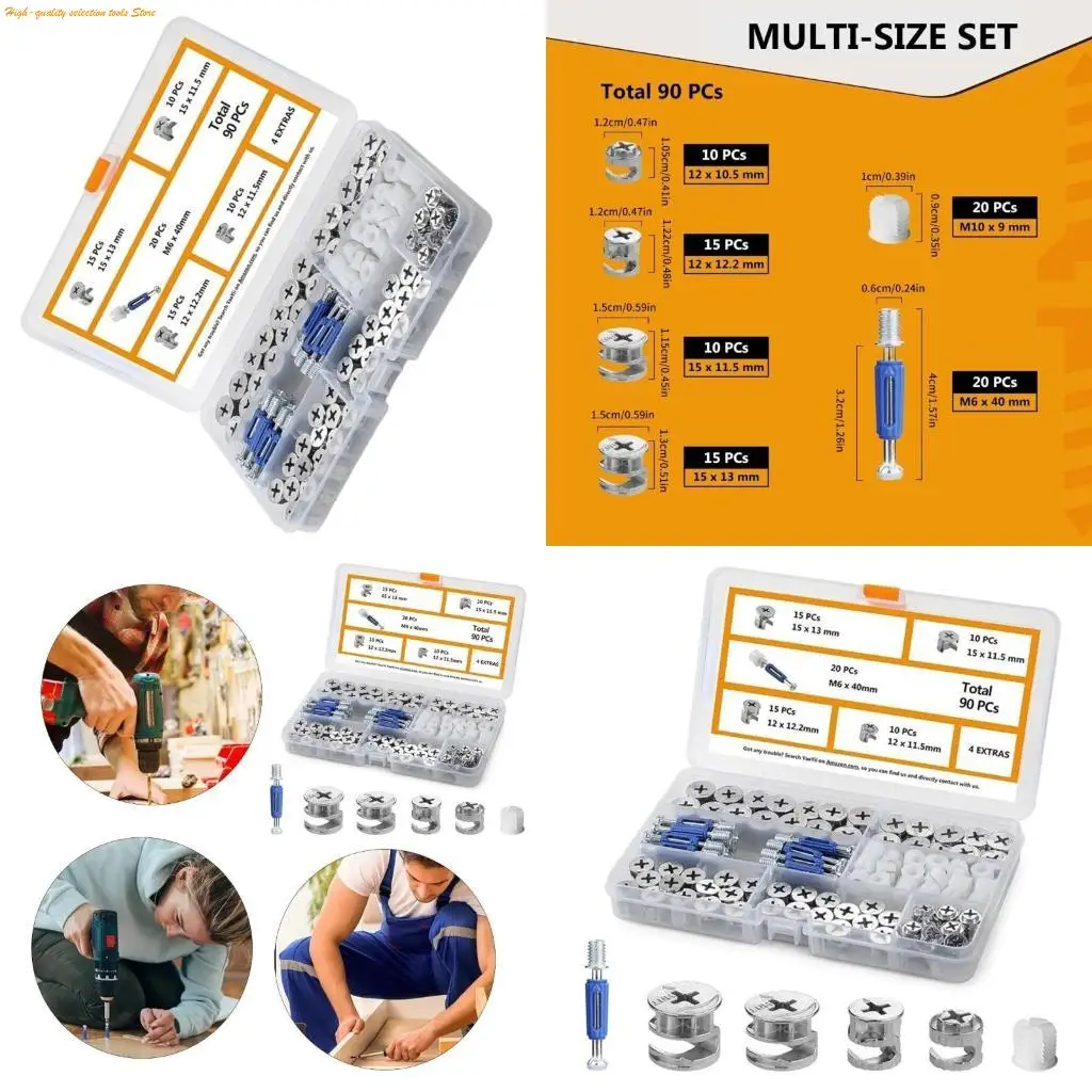 203F Cams Lock for Furniture 90 Pcs 3-in-1 Eccentric Wheel, Furniture Cams Lock Fasteners Various Size Repair Spare Parts