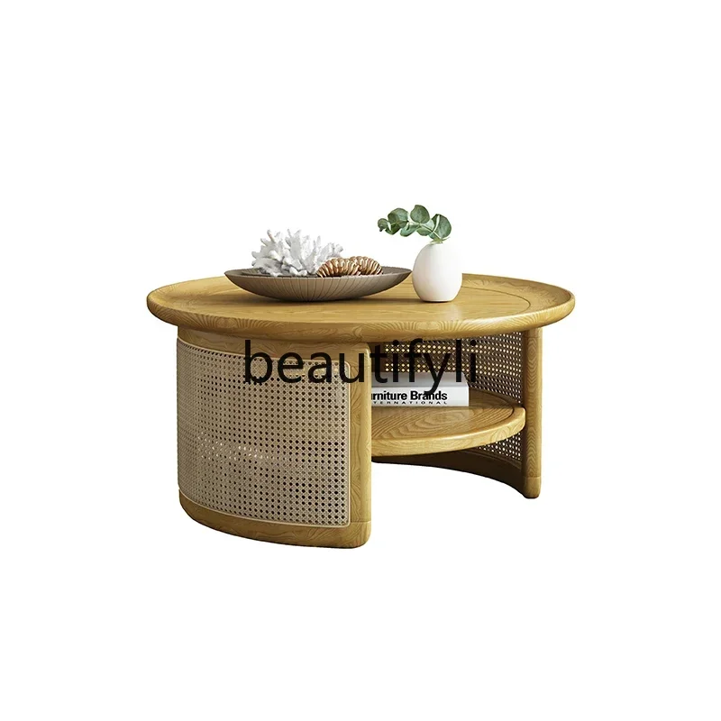 

XZQRattan round table living room household small apartment solid wood coffee table side table simple Nordic
