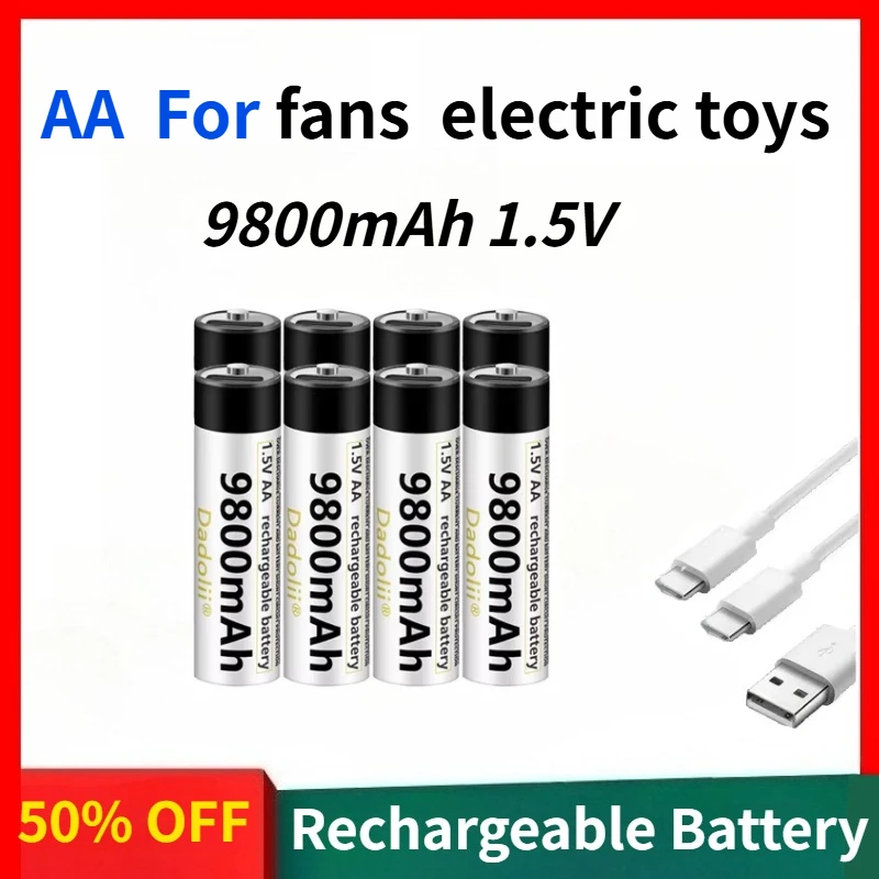 

High-capacity 9800mAh 1.5V AA Rechargeable Lithium-ion Battery with USB Fast Charging, Suitable for Fans and Electric Toys