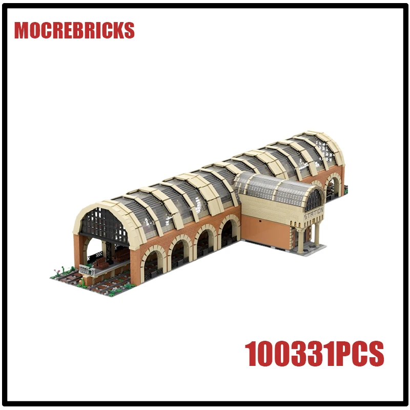 MOC Modular Train Station Building Blocks Set Urban Railway Architecture Model City Street View Accessory Adult Collection