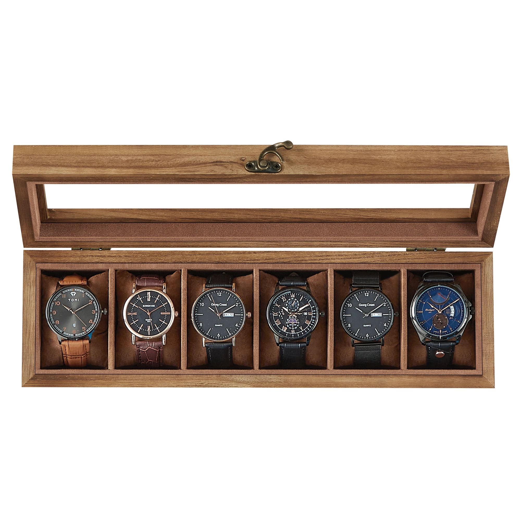 SONGMICS Watch Box, 6-Slot Watch Case, Solid Wood Watch Box Organizer with Glass Lid, Watch Display Case with Removable Pillows