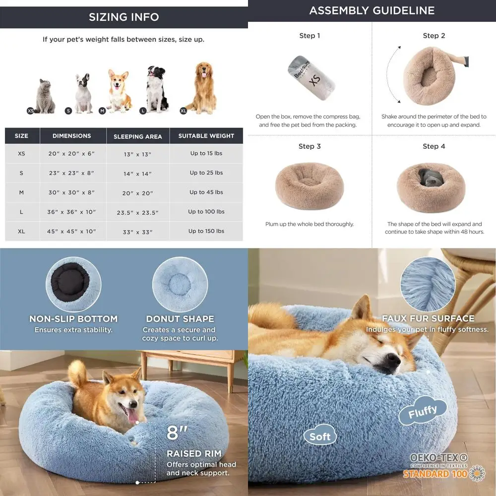 

Medium-Sized Washable Donut Pet Bed, Anti-Slip, Plush Faux Fur, Suitable for Dogs up to 45 lbs, Light Blue, 30