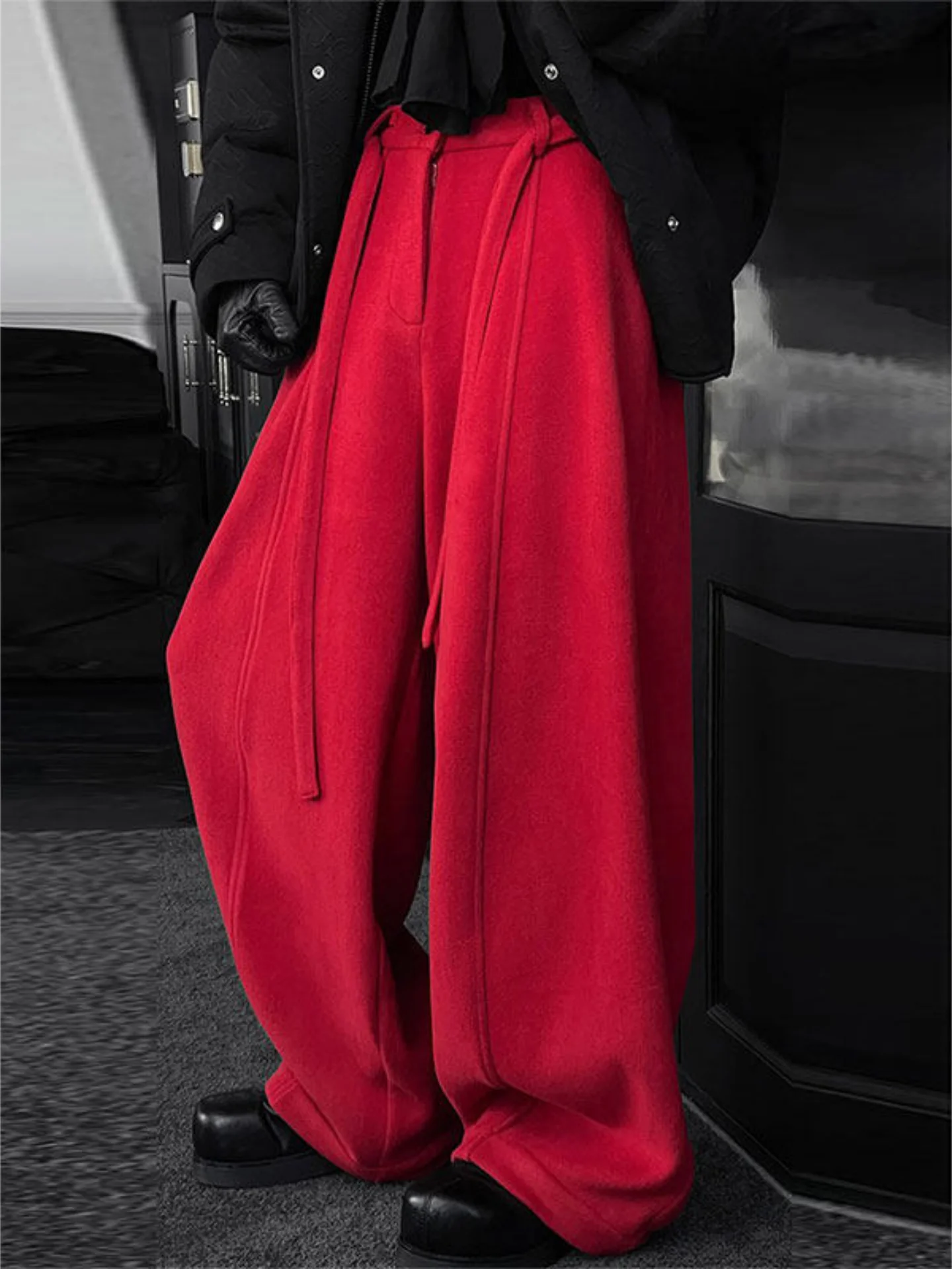 Red Men's Wide Leg Pants Casual Sports Sle Knife Loose Fit Autumn Winter Heavyweight Straight Tube Trousers