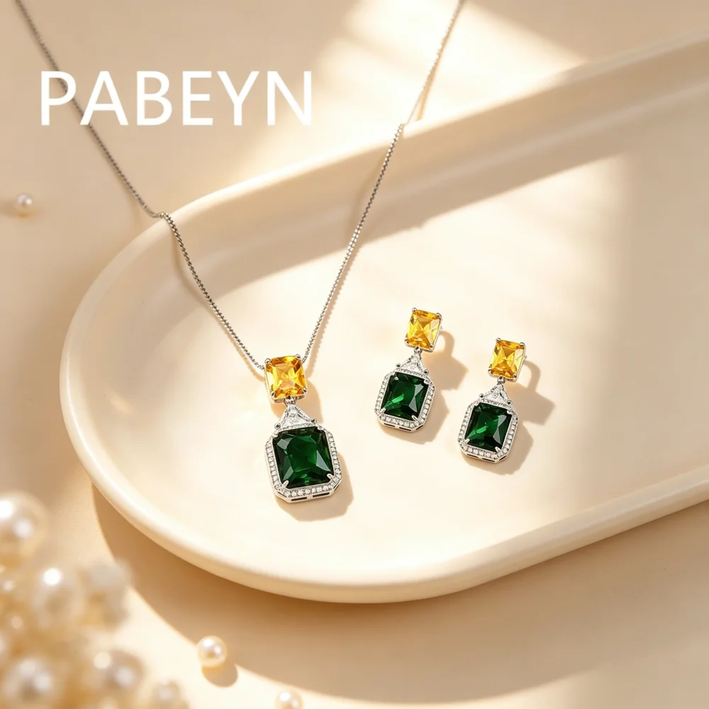 925 Silver Dual-Color Zircon Pendant Studs. Stunning Emerald and Citrine-toned Zircon. Chic, Elegant Jewelry